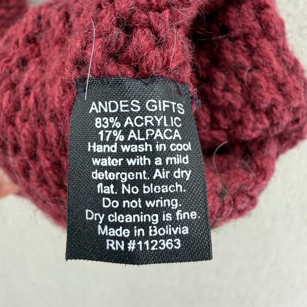Hand Knit Alpaca Blend Bolivia Made Fingerless Embroidered Floral Maroon Gloves